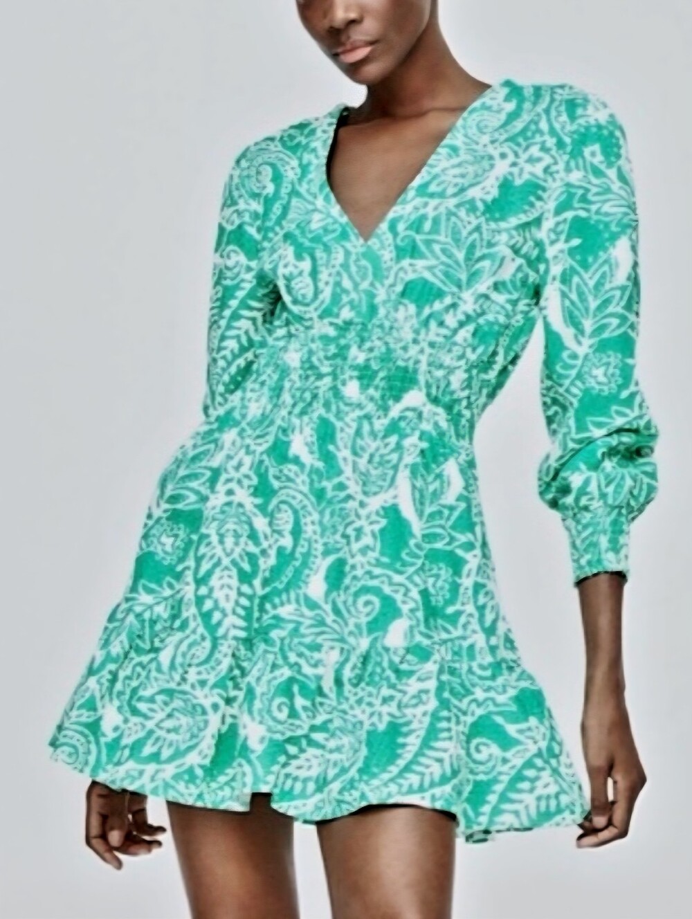 Sz M Zara Linen Cotton Blend Paisley Green Ruffle Mini Dress
